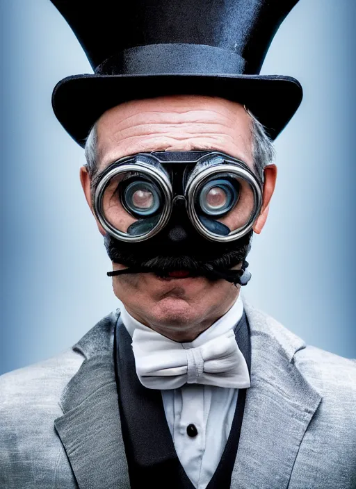 Image similar to closeup portrait of gary seven wearing a top hat and goggles, depth of field, zeiss lens, detailed, symmetrical, centered, fashion photoshoot, by Annie Leibovitz and Steve McCurry, David Lazar, Jimmy Nelsson, Breathtaking, 8k resolution, extremely detailed, beautiful, establishing shot, artistic, hyperrealistic, beautiful face, octane render