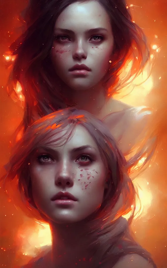 Image similar to beautiful girl portrait by greg rutkowski and charlie bowater, vivid, artgerm, aesthetic, fine details, colorful swirls, gaudy colors, luminescent, organic matte painting, realistic eyes, masterpiece, busy background, bokeh, depth of field