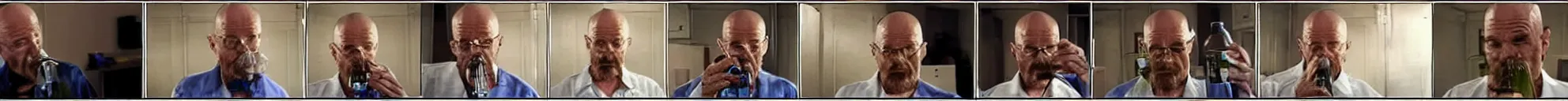 Image similar to 8 consistent frames from a video showing walter white drinking from a water bottle