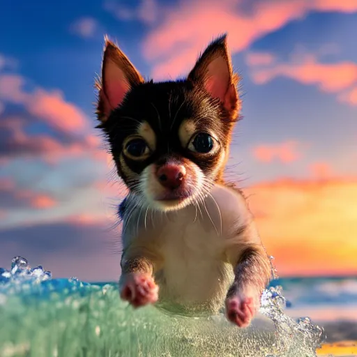 Image similar to a closeup photorealistic photograph of a cute kitten - chihuahua hybrid splashing in the surf during sunset. professional capture, well lit shot. this 4 k hd image is trending on artstation, featured on behance, well - rendered, extra crisp, features intricate detail, epic composition and the style of unreal engine.