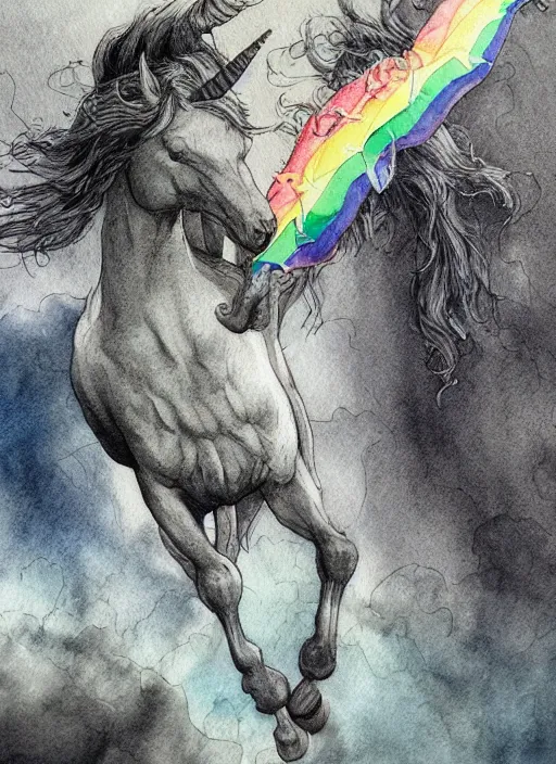 Prompt: portrait, a sad depressed unicorn that hung itself from a rainbow, watercolor, dramatic lighting, cinematic, establishing shot, extremely high detail, foto realistic, cinematic lighting, pen and ink, intricate line drawings, by Yoshitaka Amano, Ruan Jia, Kentaro Miura, Artgerm, post processed, concept art, artstation, matte painting, style by eddie mendoza, raphael lacoste, alex ross