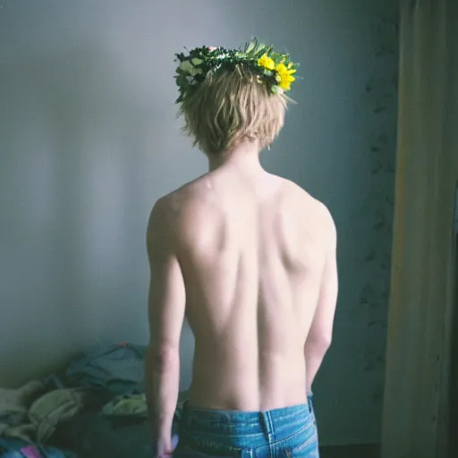 Image similar to kodak portra 4 0 0 photograph of a skinny blonde guy standing in a cluttered bedroom, back view, flower crown, moody lighting, telephoto, 9 0 s vibe, blurry background, vaporwave colors, faded!,