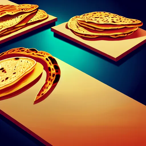 Prompt: flat bread concept art, smooth, sharp focus, illustration, delicious, 4 k, high detail, artstation, yummy, bright color, breakfast table background