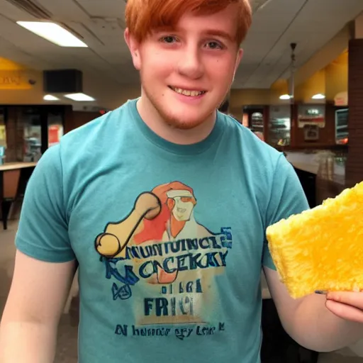 Image similar to photo of a young man with auburn hair, freckles, green eyes, and a kentucky fried chicken employee shirt, holding a piece of cheese shaped like kentucky