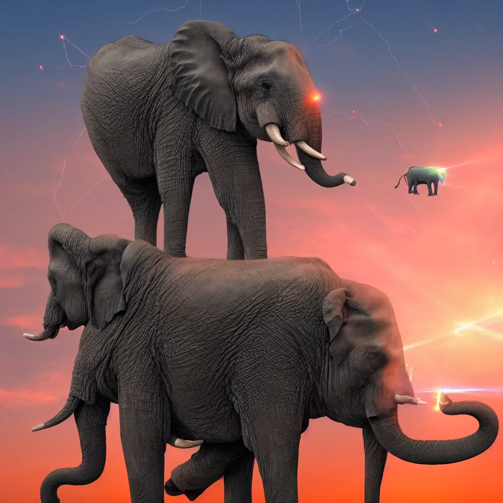 Prompt: A single elephant with lasers coming out of it's eyes, cyberpunk elephant in front of a sunset