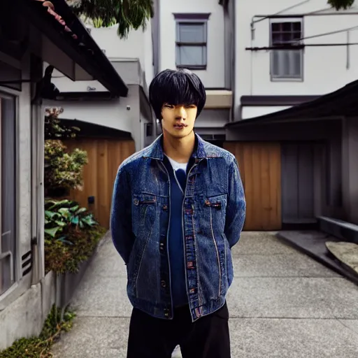 Prompt: young sota fukushi standing in front of his home in san fransokyo, close up portrait photo, hyper detailed, digital art, trending on artstation, cinematic lighting, studio quality, smooth render, unreal engine, octane render, photorealistic, atmospheric