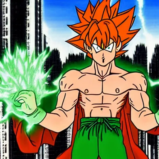Image similar to shaggy rogers(as the legendary super saiyan) powering up to beyond 100% power in the style of akira toriyama detailed High Resolution HD 8k
