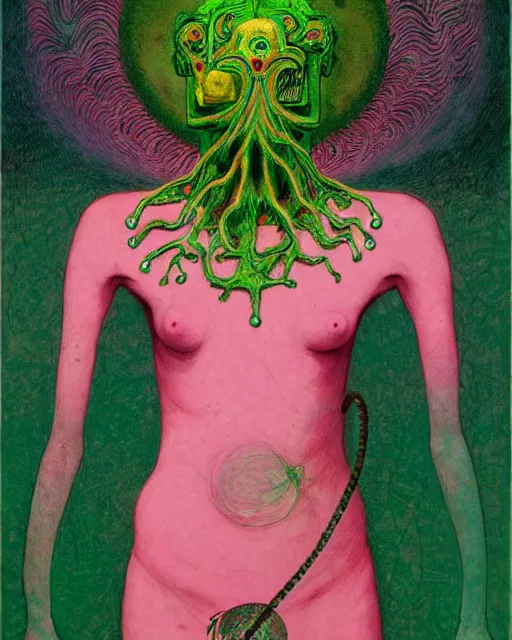 Image similar to the annunaki wearing breathing apparatus making humans, in a pink and green colour palette, surrealism, in the style of adrian ghenie, esao andrews, jenny saville, edward hopper, dark art by takato yamamoto