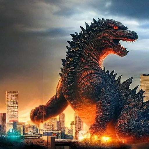 Prompt: photograph of Godzilla terrorizing downtown Omaha hyperrealistic 8k award winning