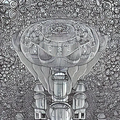 Image similar to Geometrically surreal mushroom city, extremely high detail, photorealistic, intricate line drawings, dotart, album art in the style of James Jean