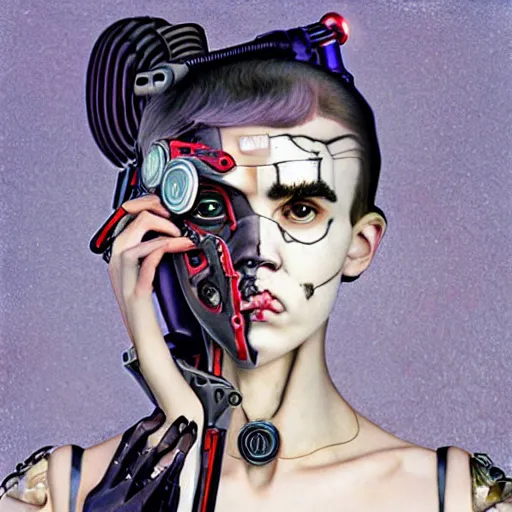 Image similar to album cover of Grimes as an evil robot cyborg character in a romantic pre-raphaelite style