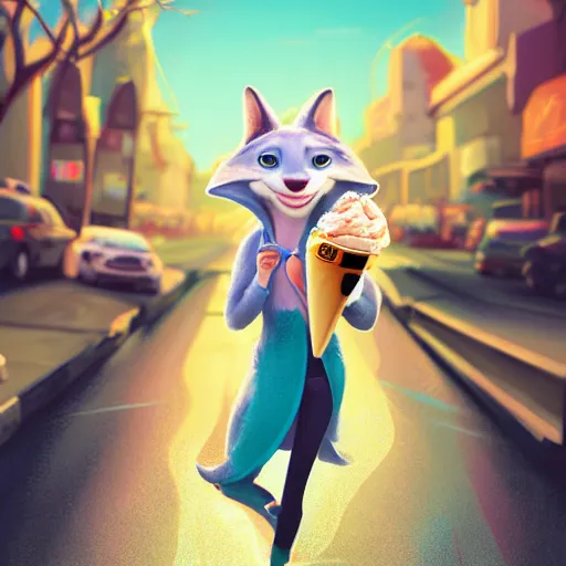 Image similar to furry art of female shark walking down the street holding an icecream cone, digital art, artstation, 4K, detailed, wearing yellow hoodie, zootopia, detailed face, anthromorphic,