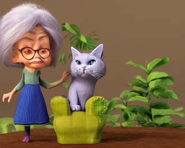 Prompt: detailed cartoon portrait of an old lady and her plant cat, 3d pixar, sharp high quality