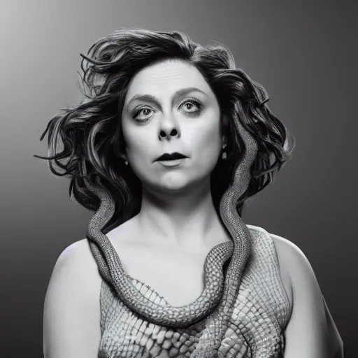 Image similar to rachel bloom as medusa with snakes for hair, real life, highly detailed, hyper realistic, 8 k resolution