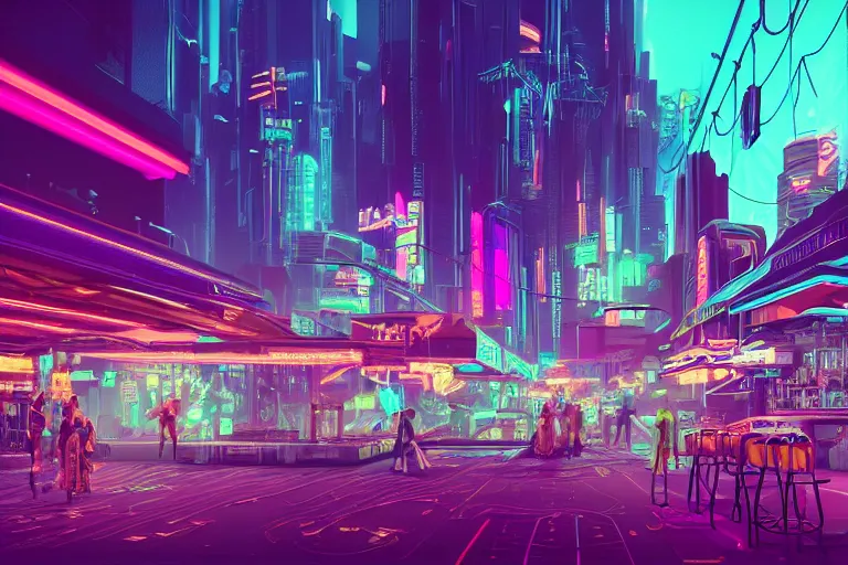 Image similar to a dreamlike cyberpunk city sit in the very far future, neon signs, shops and bars, floating buildings, glowing neons, synthwave, slightly abstract, rich deep colors, 4 k, realistic photography, flying cars in the distance, robot humanoids, anthropomorphic vehicles, fantasy setting, brilliant dreamy lighting, 8 0 s vibe, morning, blue sun