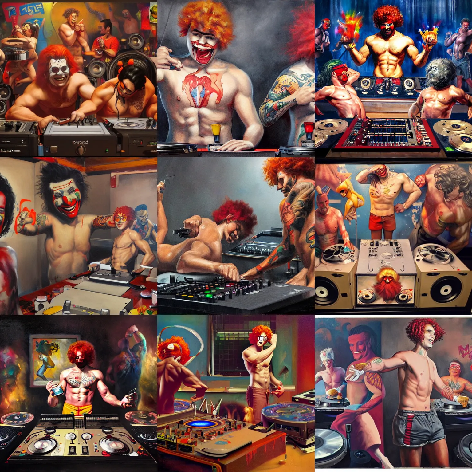 Prompt: a painting of Ronald McDonald shirtless and muscular body with tattoos DJing with DJ turntables, craig mullins, greg rutkowski, mad magazine painting