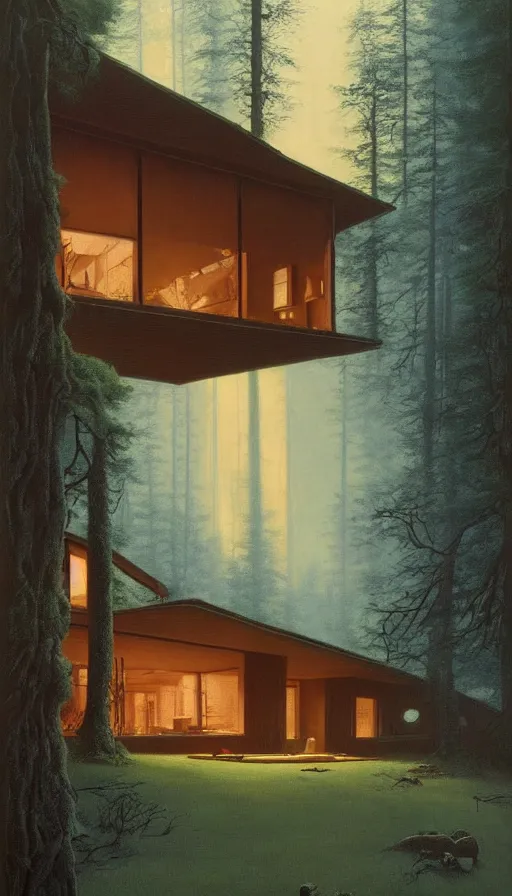 Image similar to cozy ultra modern home in the woods moody lighting, highly detailed, painting by zdzisław beksinski and norman rockwell and greg rutkowskiweta studio, and lucasfilm