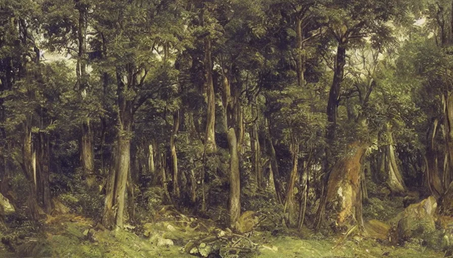 Image similar to a beautiful forest illustrated by eugene von guerard, ivan shishkin, john singer sargent