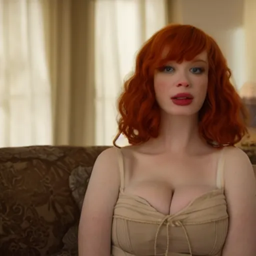 Image similar to amazing beautiful Christina Hendricks with mouth wide open in the living room, film still from the movie directed by Denis Villeneuve , wide lens