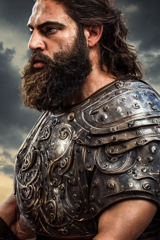 Image similar to portrait of a herculean jewish warrior. smooth iron and bronze armour. rugged young man, very beautiful. big muscles, cinematic lighting, highly detailed, full body shot. beard. bollywood action movie poster