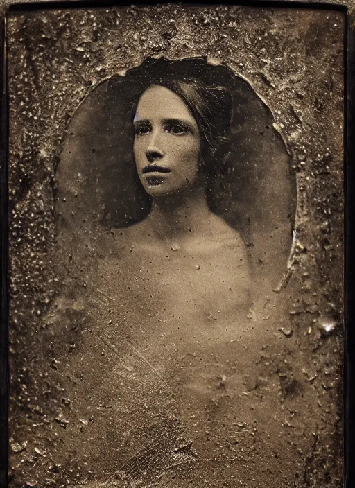 Image similar to old wetplate daguerreotype portrait with crackled skin, explosion of data fragments, fractal, intricate, elegant, highly detailed, parallax, leica, medium format, subsurface scattering, by jheronimus bosch and greg rutkowski and louis jacques mande daguerre
