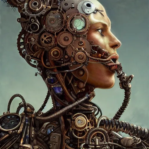 Image similar to low angle shot of a steampunk cyborg with a human face by clive barker, intricate, elegant, highly detailed, centered, digital painting, artstation, concept art, smooth, sharp focus, illustration, artgerm, Tomasz Alen Kopera, Peter Mohrbacher donato giancola, Joseph Christian Leyendecker, WLOP, Boris Vallejo.