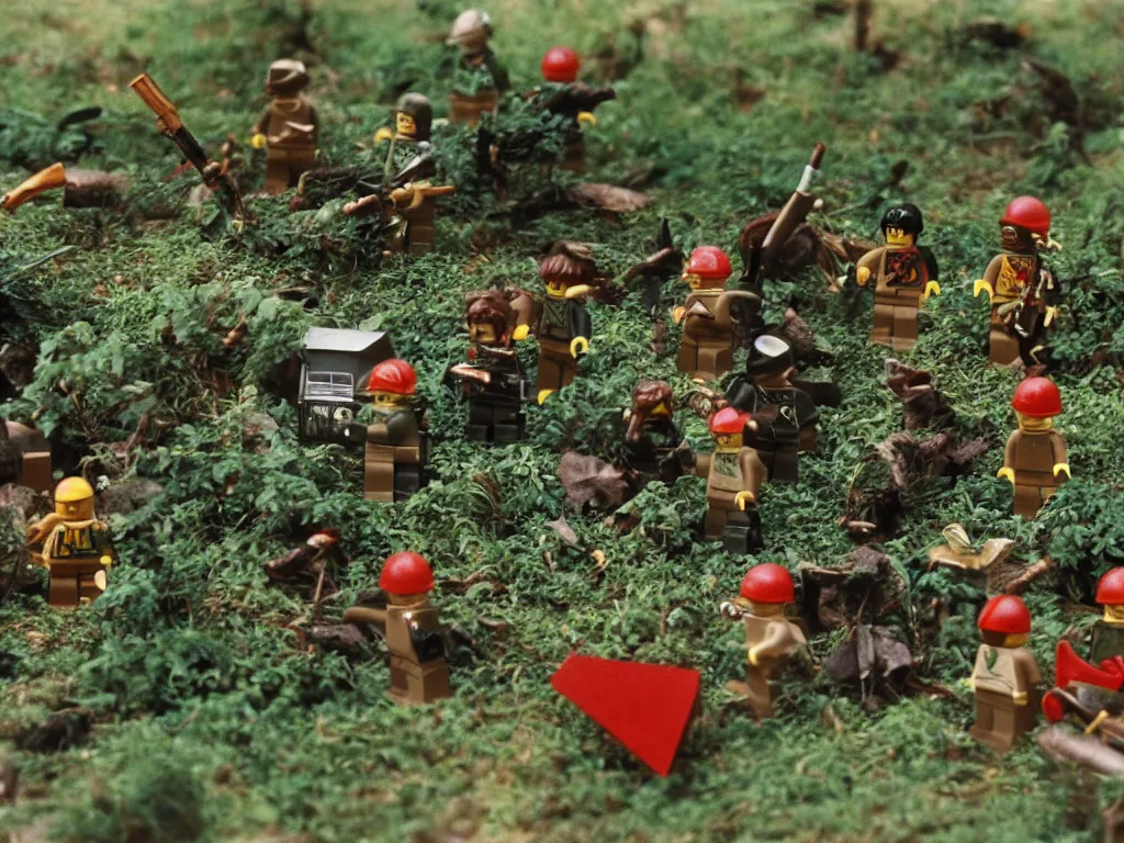 Image similar to vietnam war lego - figurines fighting in dense jungle, fog, vines, lot's of action, explosions, bullets flying, tracer bullets, blood, 1 9 7 0, military archive photo