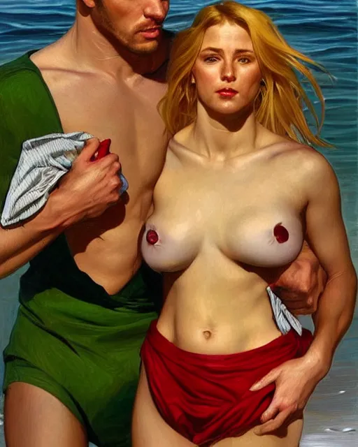 Image similar to Portrait of male model & a blonde woman wearing a green & red bikini cooking sardines in Porto,real life skin, intricate, elegant, highly detailed, artstation, concept art, smooth, sharp focus, art by artgerm and greg rutkowski and alphonse mucha