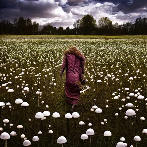 Prompt: “8k photograph of a woman walking through field of mushrooms. National Geographic.”