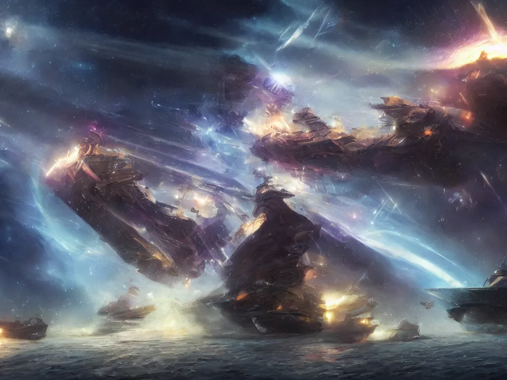 Prompt: epic portrait an epic space battle between freighters and frigates, stars, glowing, nebulaes, brutal digital painting, artstation, concept art, soft light, hdri, smooth, sharp focus, illustration, fantasy, intricate, elegant, highly detailed, D&D, matte painting, in the style of Greg Rutkowski and Alphonse Mucha and artemisia, 8k, highly detailed, jurgens, rutkowski, bouguereau, pastoral, rustic, georgic, detailed concept art, illustration, colorful pastel, painting, detail, ultra detailed, digital art, 4K,