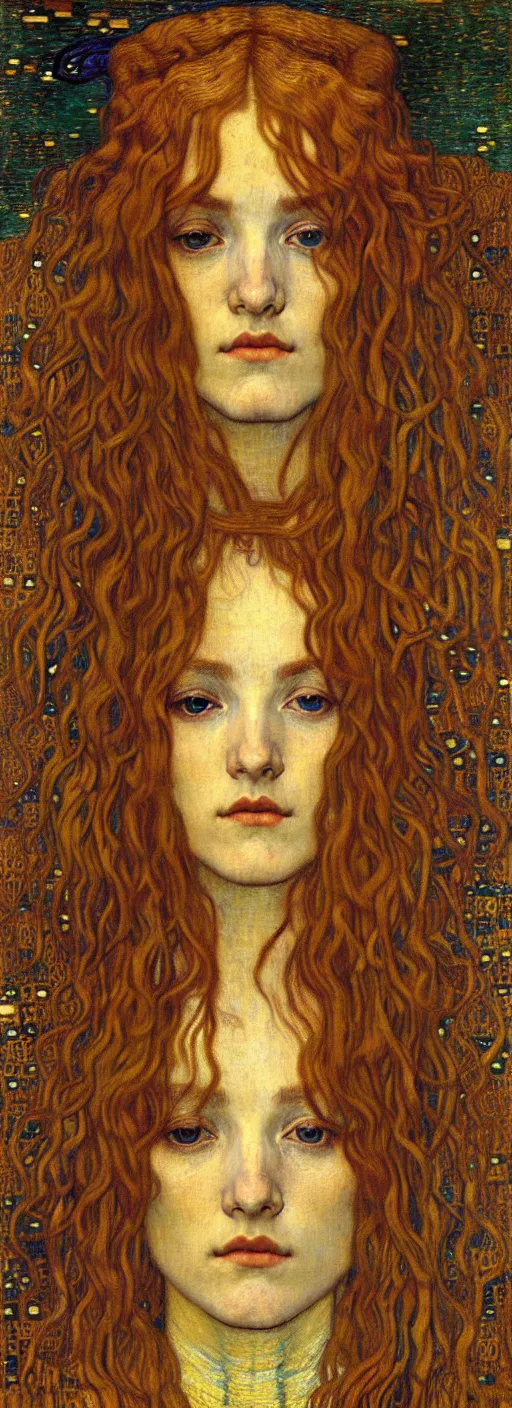 Image similar to detailed realistic beautiful young medieval queen face portrait by jean delville, gustav klimt and vincent van gogh, art nouveau, symbolist, visionary, gothic, pre - raphaelite, muted earthy colors, desaturated