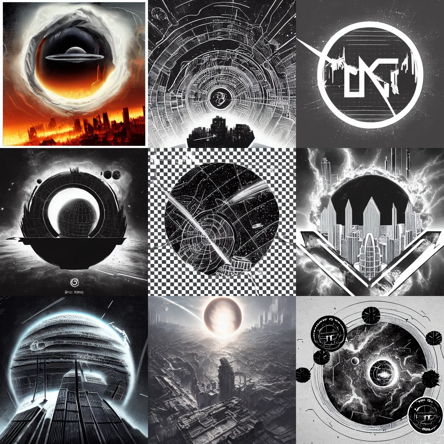 Prompt: concept art of png logo of black hole rising above city, city destroyed by shockwave, black hole with accretion disс, vector logo, sticker, black and white, ink drawing, art by, greg rutkowski