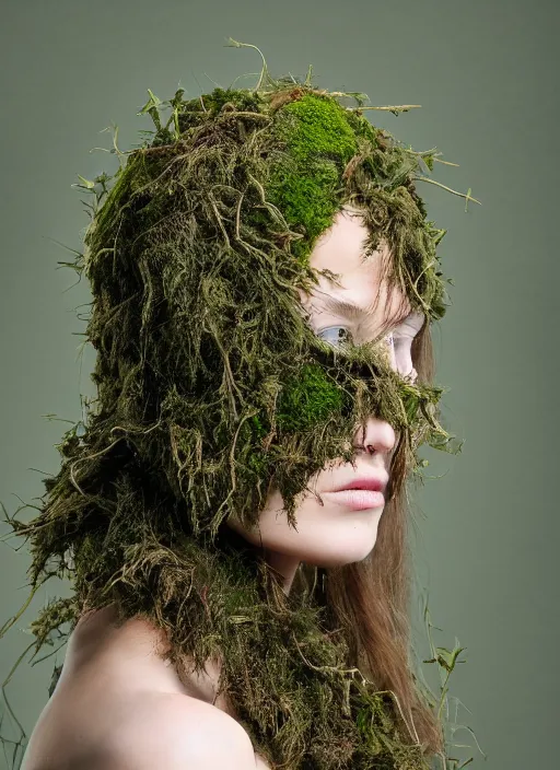 Image similar to a photo of a female model, organic headpiece, fern, vines, horn, moss, fashion photography, realistic, hyperdetails, dark grey backdrop studio, body covered in moss and tree bark texture