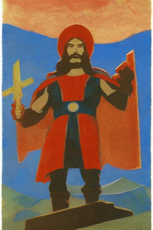 Image similar to thor with mjollnir, marvel, artwork by nicholas roerich,