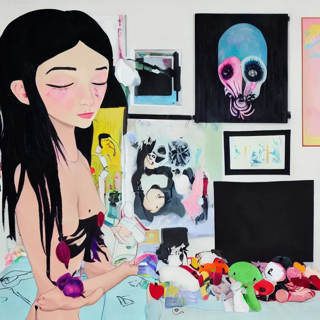 Image similar to a portrait in a female artist's zen bedroom, black walls, emo girl with plushies, sheet music, berries, surgical supplies, pancakes, black flowers, sensual, octopus, neo - expressionism, surrealism, acrylic and spray paint and oilstick on canvas
