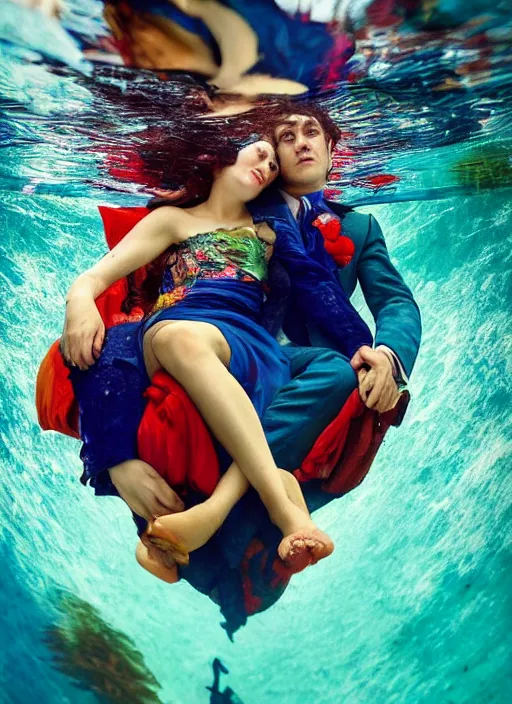 Image similar to detailed colourful masterpiece of photography by couple portrait sat down extreme closeup, love, inside an underwater train, detailed realistic expressions, wearing unusual clothes, by frederic leighton, ultra wide angle