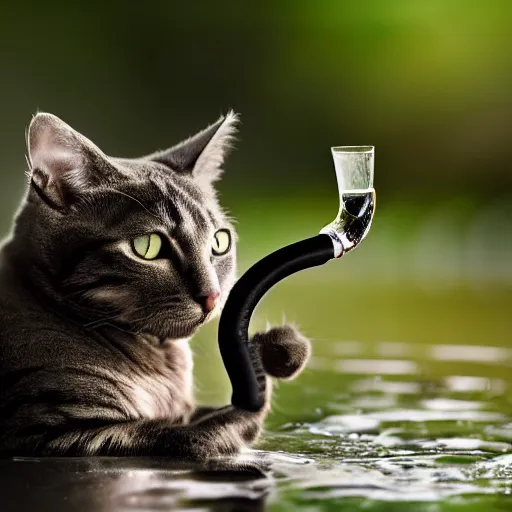 Prompt: Cat with wings drinking from a pond, digital artstyle, trending on fiverr, 40nm lens, shallow depth of field, split lighting, 4k,