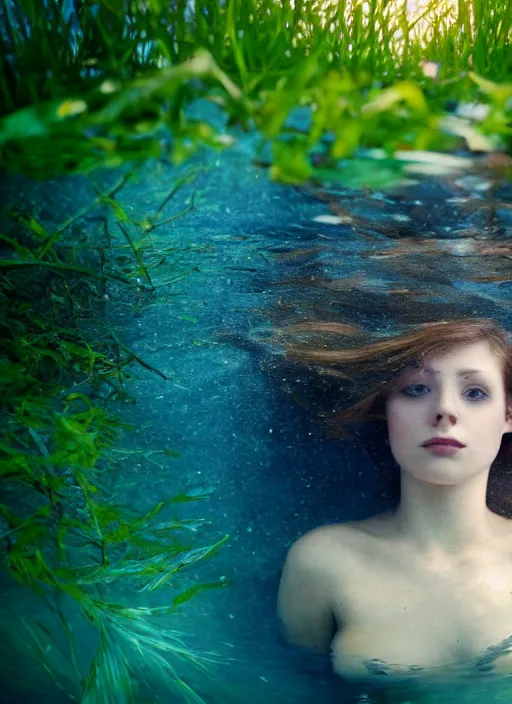 Image similar to lady laying under the river bed amongst the weeds, underwater shot, submerged, medium shot, on the bed of the river preraphaelite, 8 k