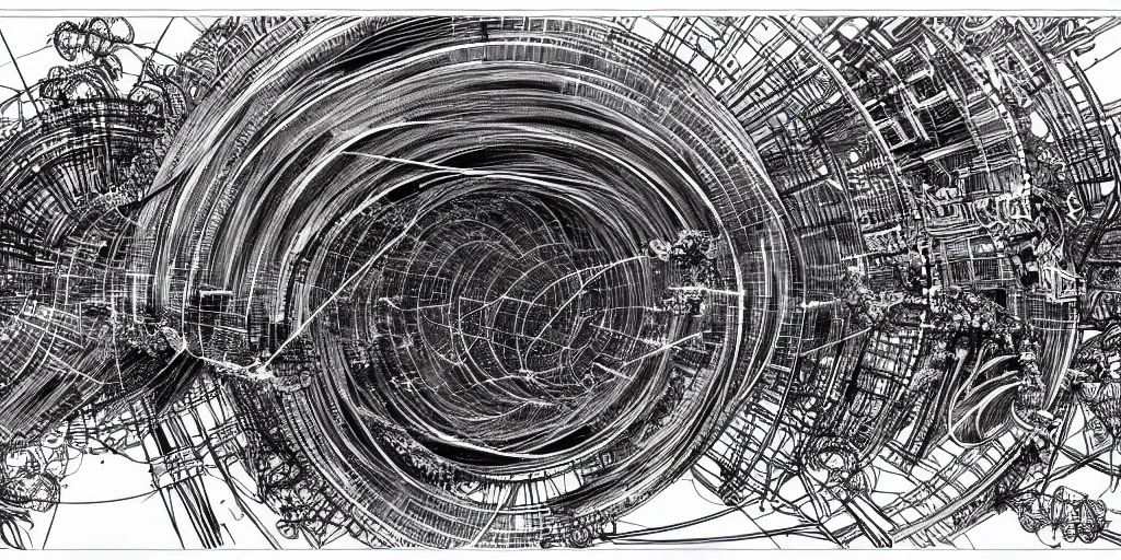 Image similar to a blueprint for a wormhole generator, intricate illustration, ultra detailed, technopunk, darksynth, intricate lines, detailed notes, sketch, 8 k, by tsutomu nihei