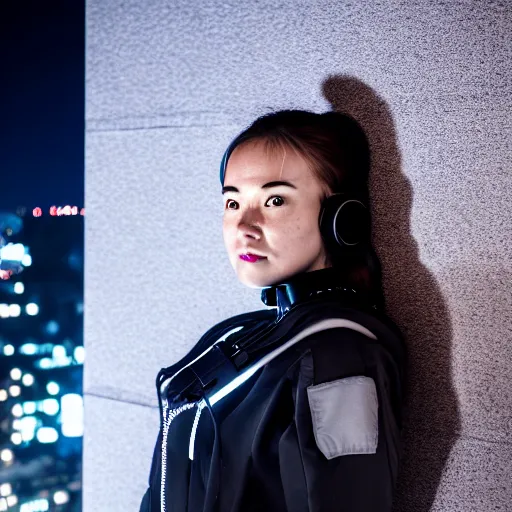 Image similar to photographic portrait of a techwear woman, closeup, on the rooftop of a futuristic city at night, sigma 85mm f/1.4, 4k, depth of field, high resolution, full color