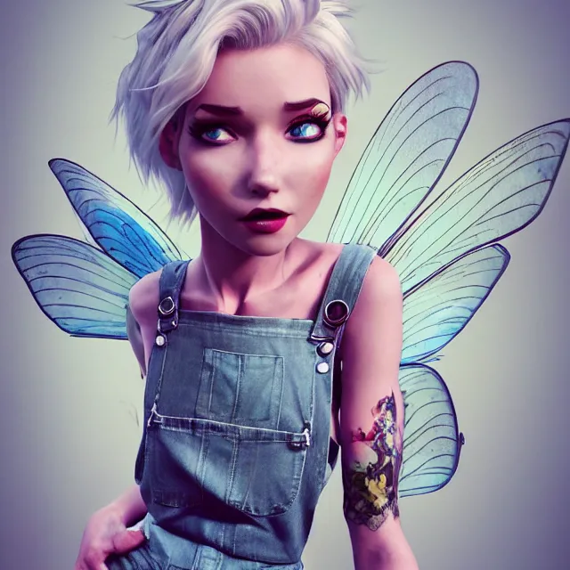 Image similar to full body pose, beautiful adult fairy, pixar, short white hair shaved sides, dirty, grungy, grunge, long sleeve, painted overalls, stacks of giant books, highly detailed, 4 k, hdr, smooth, sharp focus, high resolution, award - winning photo, artgerm, photorealistic