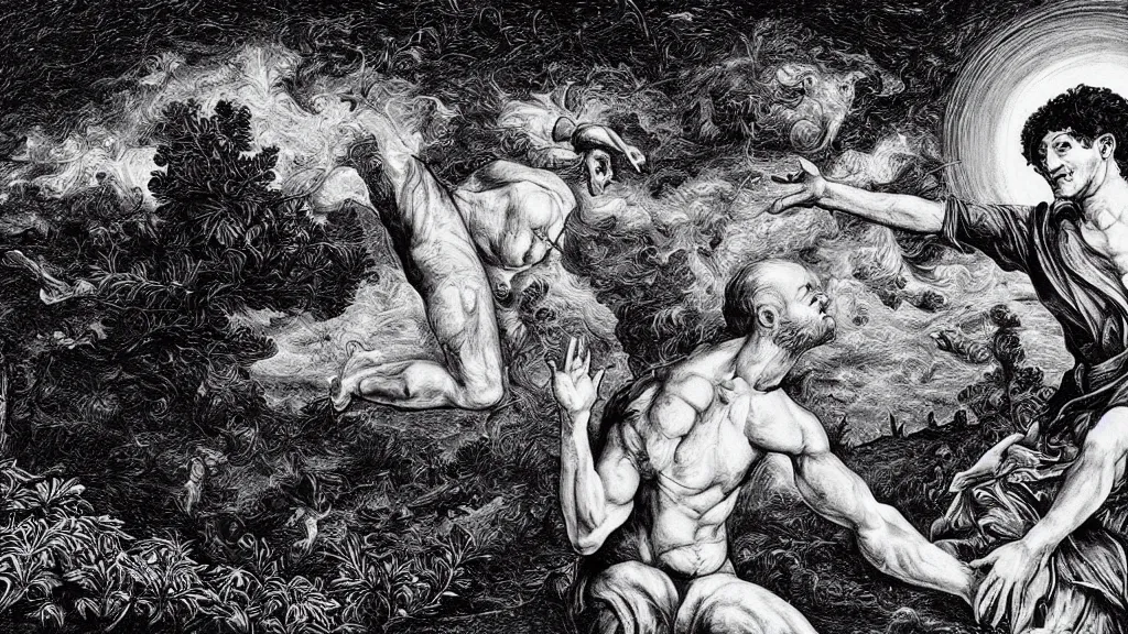 Image similar to the creation of adam in the style of dan hillier