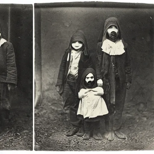 Prompt: portrait of children wearing hobo masks, photograph, style of atget, 1 9 1 0, creepy, dark