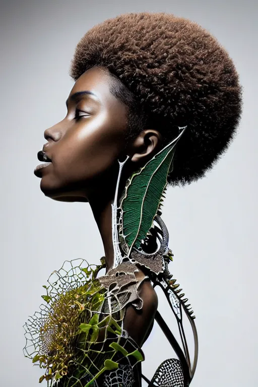 Prompt: complex, fascinating biomechanical afro female cyborg with a delicate fragile porcelain profile face, analog, 150 mm lens, beautiful natural soft rim light, big leaves and stems, roots, fine foliage lace, silver dechroic filigree details, massai warrior, Alexander Mcqueen high fashion haute couture, pearl earring, art nouveau fashion embroidered, steampunk, intricate details, hexagonal mesh wire, mandelbrot fractal, anatomical, facial muscles, cable wires, microchip, elegant, red lips, hyper realistic, ultra detailed, octane render, H.R. Giger style, volumetric lighting, 8k post-production