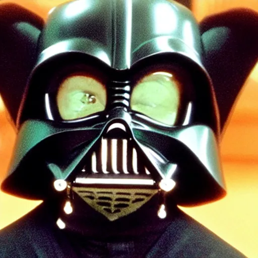 Prompt: a film still of gremlin wearing a darth vader mask ruling in star wars realistic, detailed