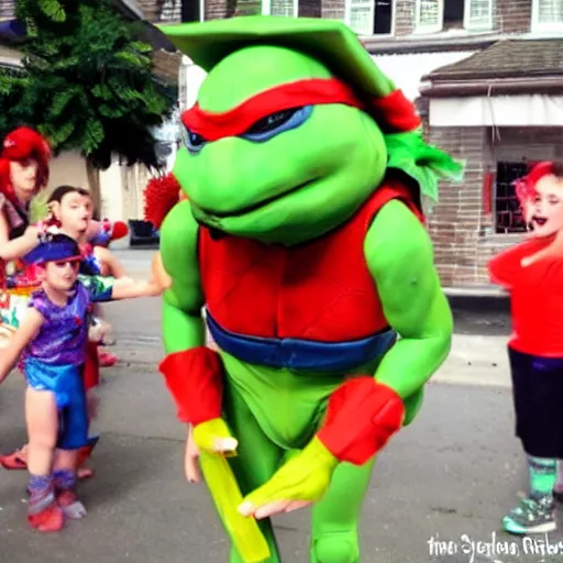 Prompt: A photo of a ((bloody)) teenage mutant ninja turtle birthday party performer