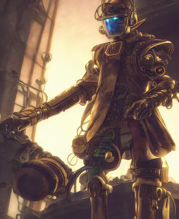 Image similar to an anime drawing of a cyberpunk warrior with golden steampunk armour and a futuristic helmet with a cybernetic visor by Moebius, 4k resolution, photorealistic