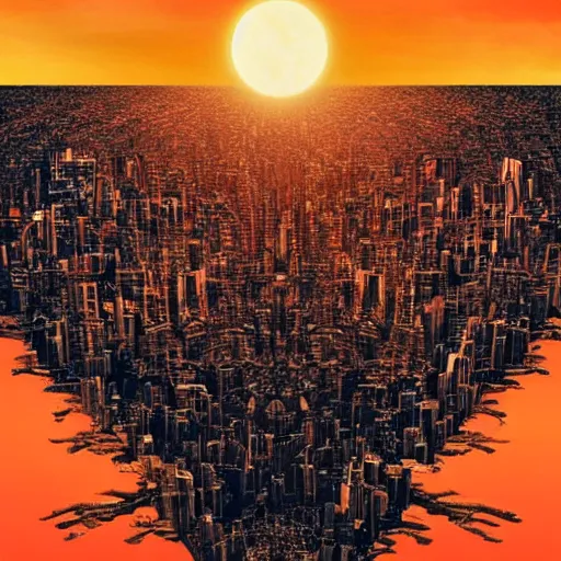 Prompt: an endless city. birds # # a red sun solar eclipse on the horizon., it goes in forever, dreamscape masterpiece., highly detailed.. 8 k.