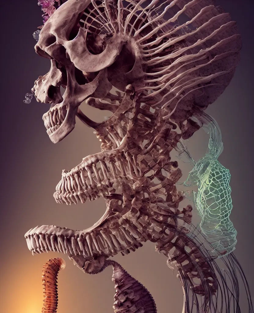 Image similar to goddess close-up portrait human skeleton, ram skull, skeleton, thorax, x-ray, backbone, jellyfish phoenix head, nautilus, orchid, skull, betta fish, bioluminiscent creatures, intricate artwork by Tooth Wu and wlop and beeple. octane render, trending on artstation, greg rutkowski very coherent symmetrical artwork. cinematic, hyper realism, high detail, octane render, 8k