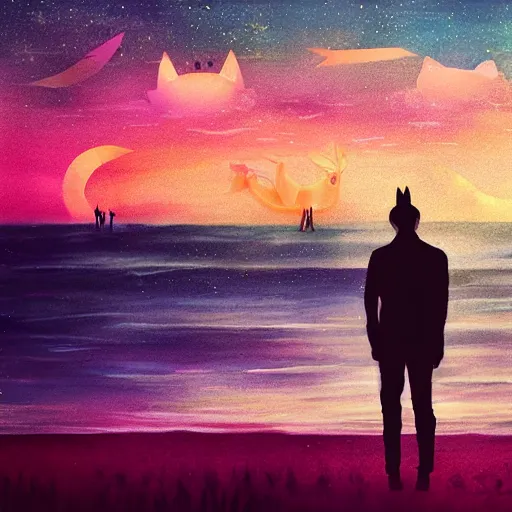 Prompt: long shot of a man with fox ears standing in the ocean, digital art, acrylic, detailed, glows, moonlight, bokeh, depth of field, colorful,